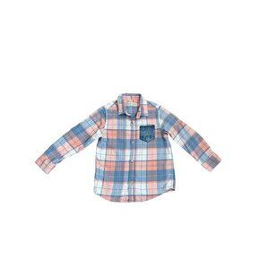 ZARA Boys Plaid Button Down Shirt With Denim Pocket Size 4/5 Coral Blue White Lo
